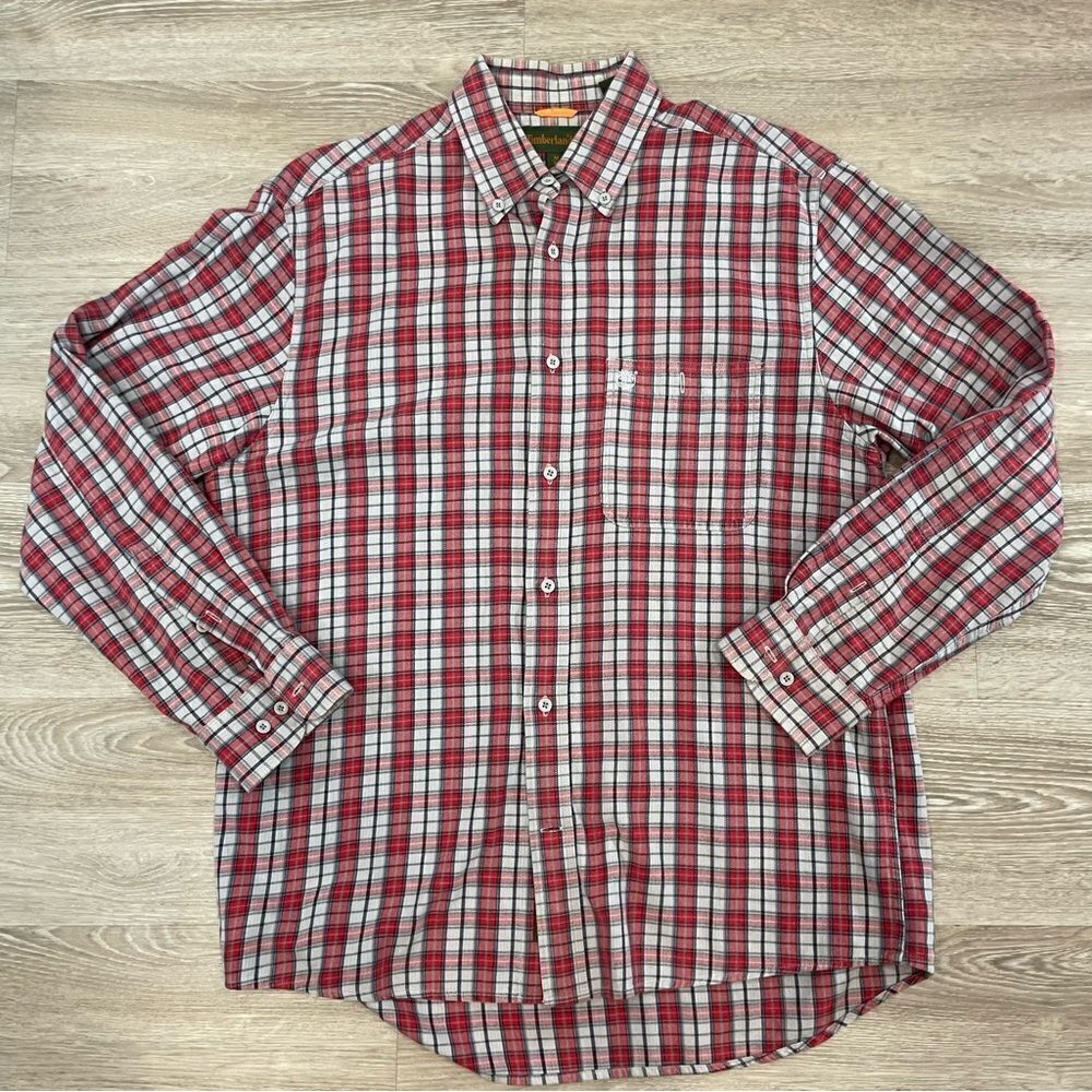 Timberland Mens Flannel red blue plaid button up shirt cotton long sleeves sz M